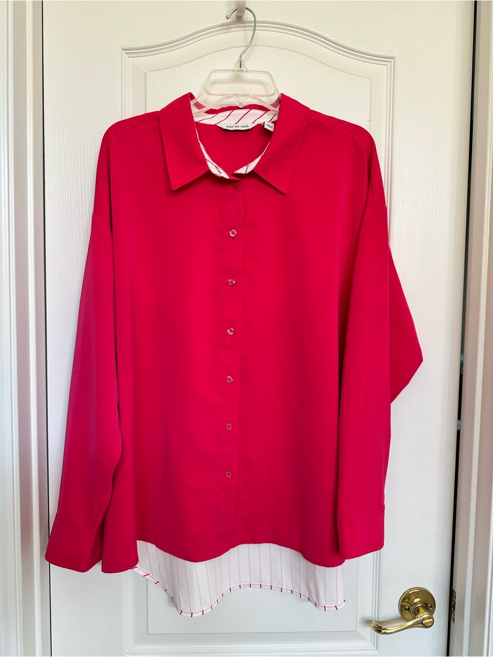 Peace Love World Bright Hot Pink Button-Down Shirt with Striped Underlayer